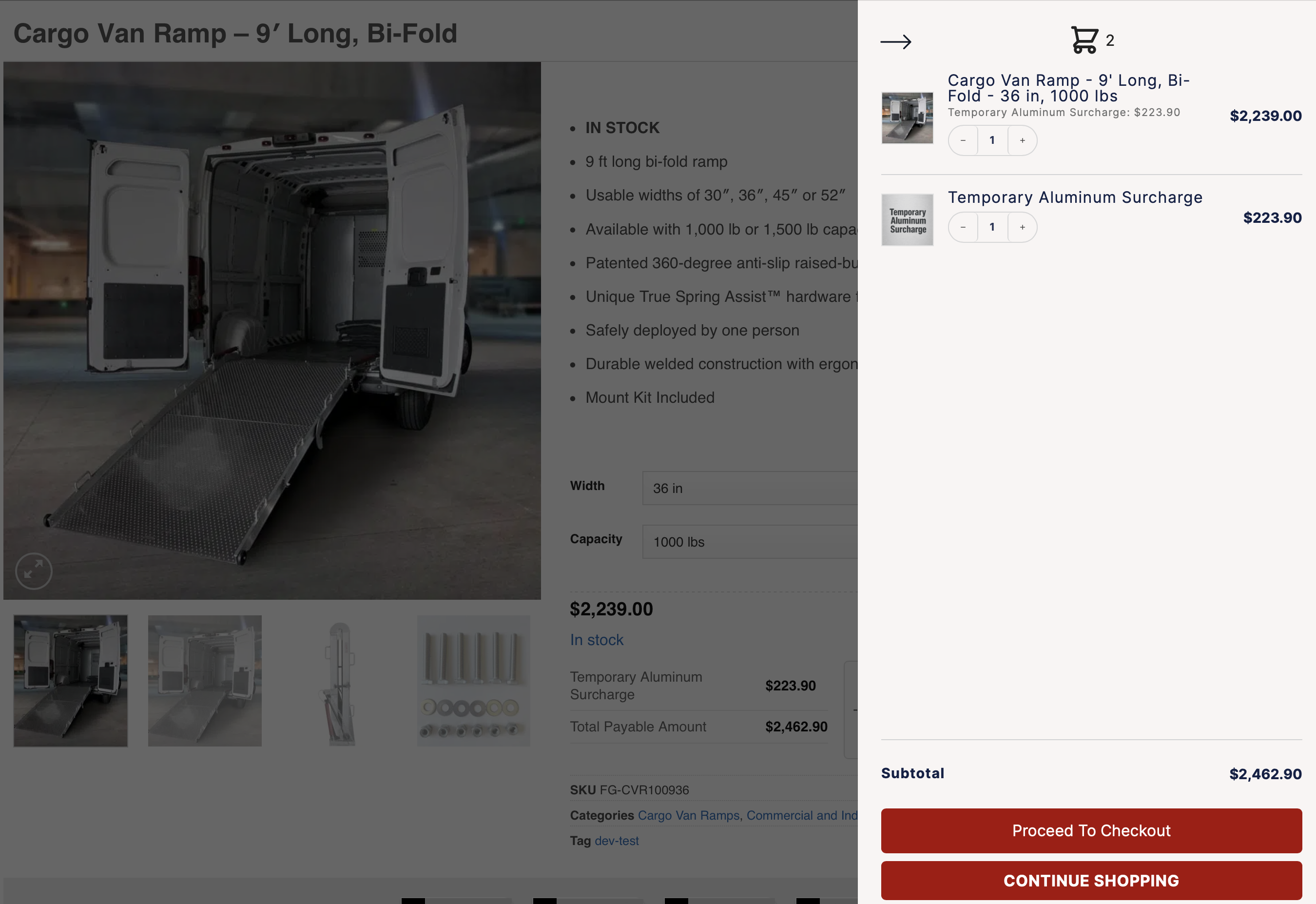 Shopping cart showing per-product surcharge line items