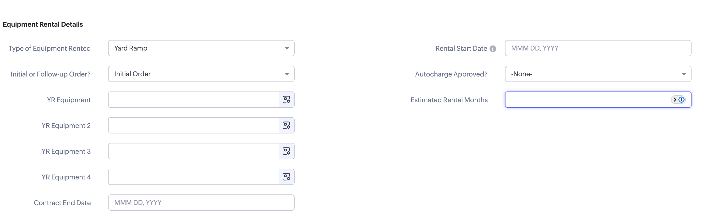 Zoho Equipment Rental Details section with four salesperson fields highlighted